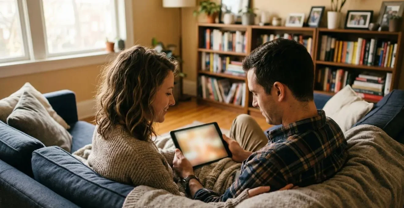 Un couple assis sur un canapé consulte ensemble une tablette dans leur salon baigné de lumière naturelle