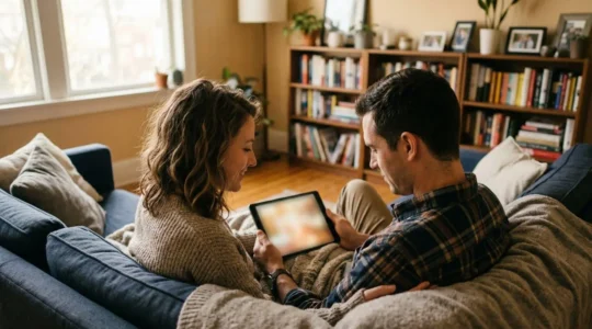 Un couple assis sur un canapé consulte ensemble une tablette dans leur salon baigné de lumière naturelle