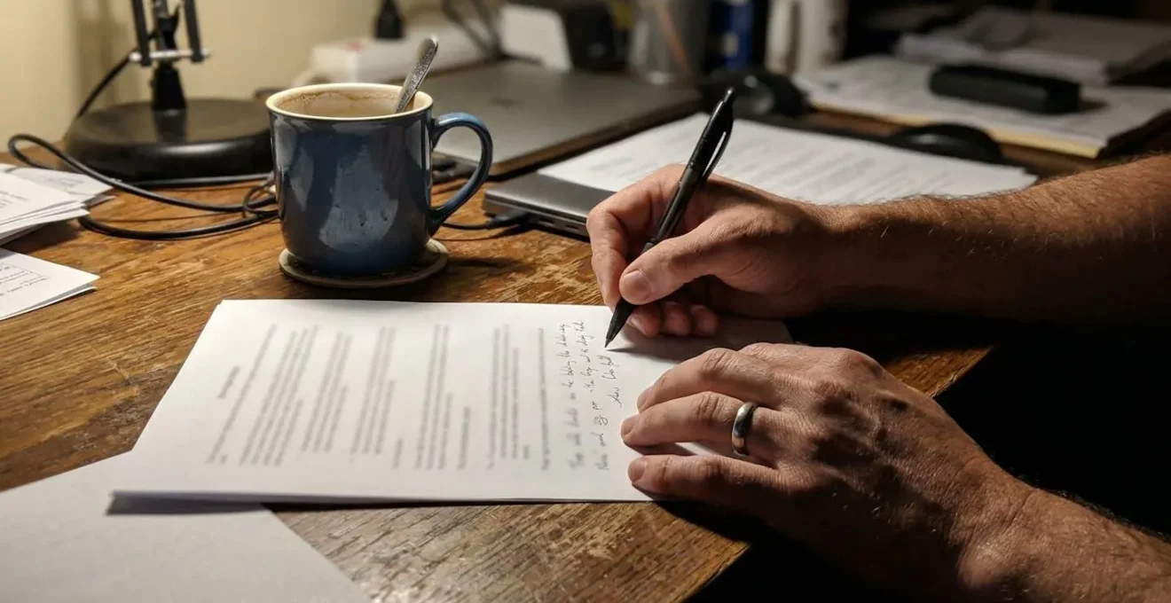 Des mains tiennent un stylo et annotent des documents papier posés sur un bureau à côté d'une tasse de café