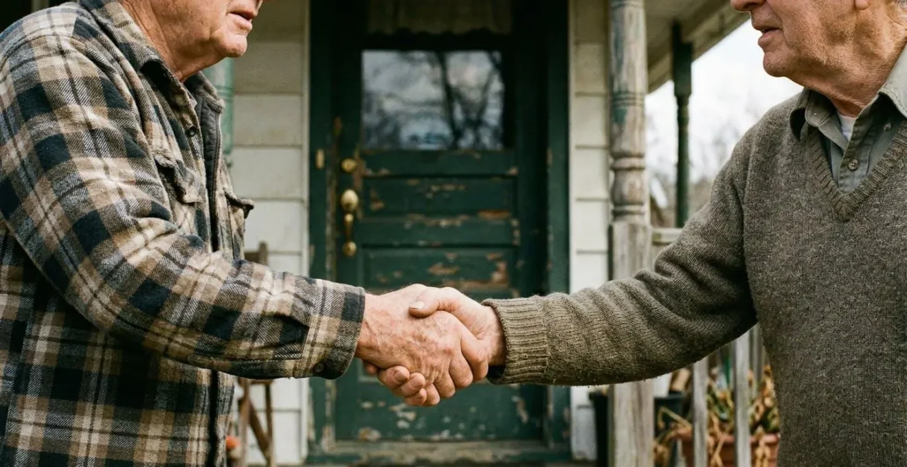 Deux personnes se serrent la main devant une porte d'entrée, cadrage partiel sur les mains