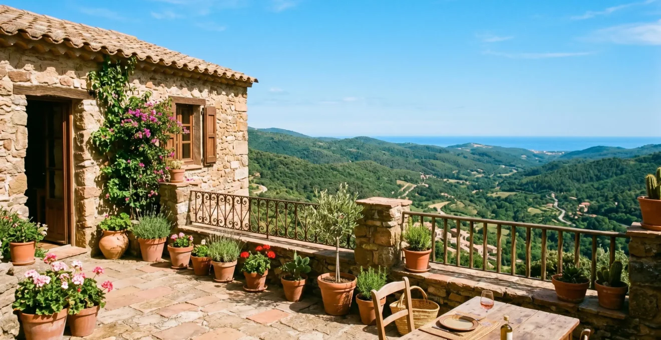 Terrasse en pierre d'une maison catalane avec vue dégagée sur les collines boisées des Albères sous un ciel méditerranéen