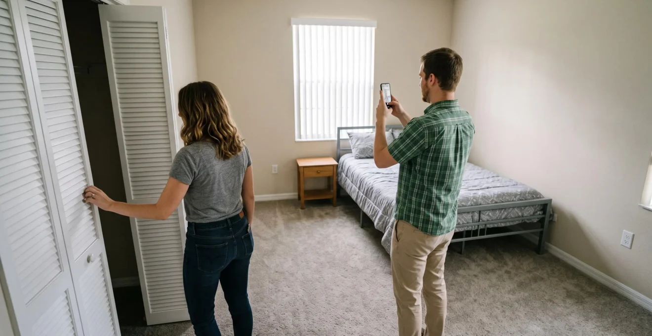 Un couple visite la deuxième chambre d'un condo deux chambres en Floride, l'un ouvrant le placard, l'autre photographiant la pièce.