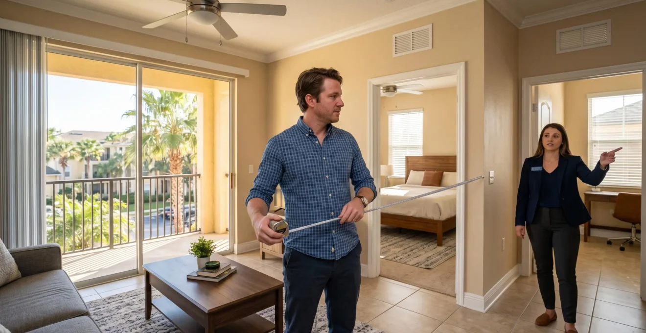 Un investisseur inspecte le salon lumineux d'un appartement deux chambres à Orlando avec un agent immobilier, les deux chambres visibles en arrière-plan.