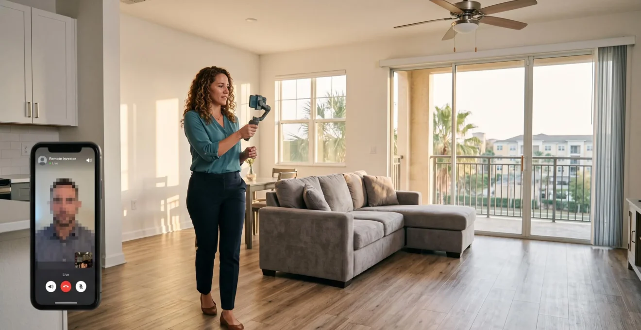 Une agent immobilier filme la cuisine et le salon d'un condo deux chambres à Orlando avec son smartphone lors d'une visite guidée en visio.