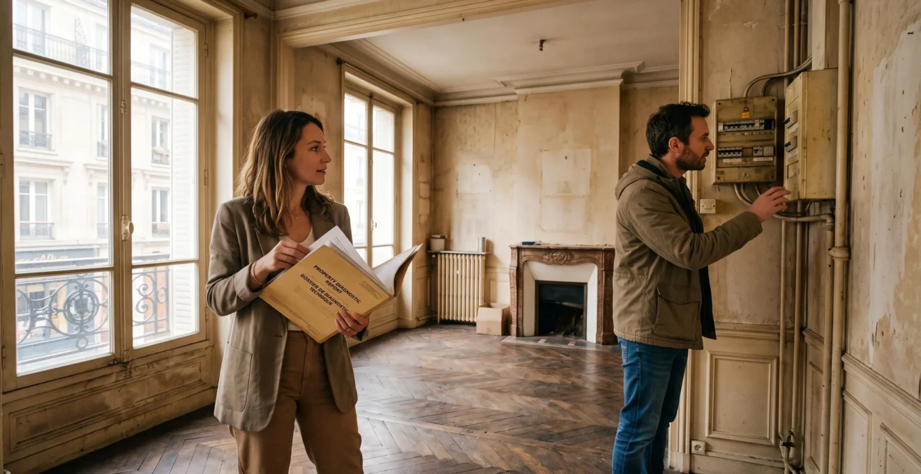 Un couple examine un diagnostic immobilier pendant la visite d'un appartement ancien.
