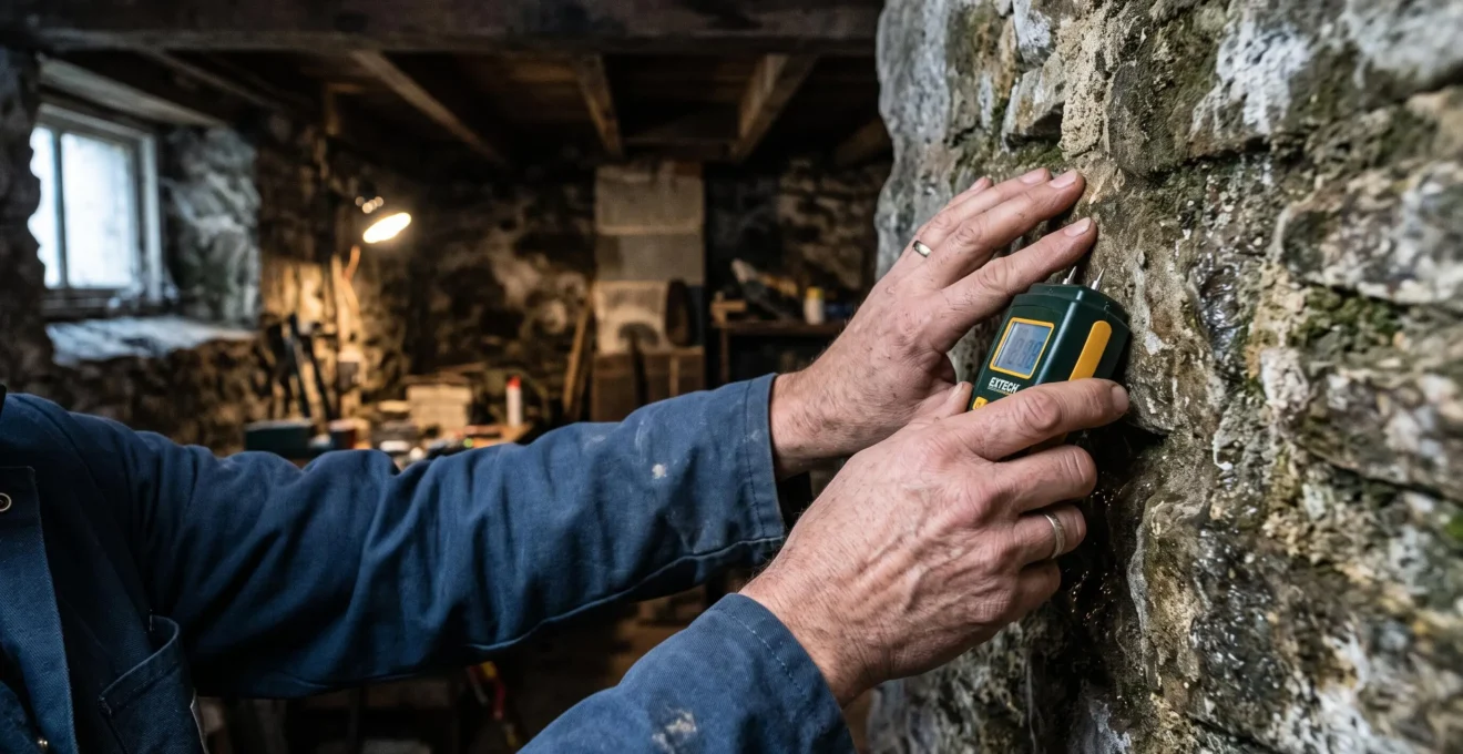 Un diagnostiqueur mesure l'humidité d'un mur en pierre ancienne.